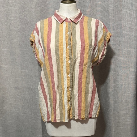 Threshold Tops - Threshold Rayon/Linen blend Button Up Shirt-Striped/Red/Mustard/Beige/Olive-Sz L